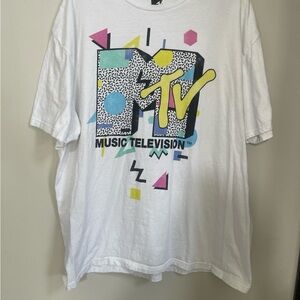 MTV White Tee with Yellow Logo & Pastel Geometric Print